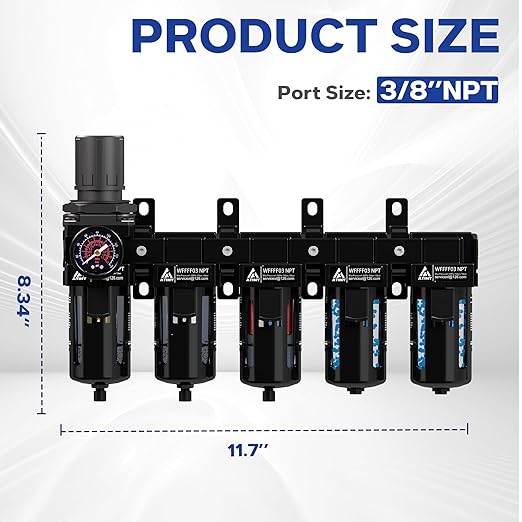 3/8'' NPT 5 Stage Air Dryer for Compressor, 5 &0.5 &0.01 Micron Filter Cartridge Air Drying System,Double Desiccant Dryers & Air Regulator,Metal Bowl, Semi-Auto Drain,Industrial Grade-Black