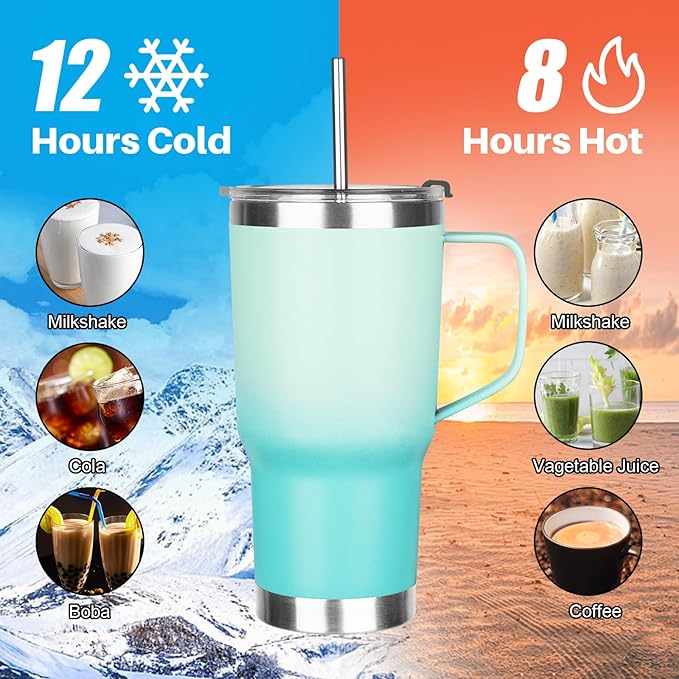 20 oz Tumbler with Handle, Stainless Steel Insulated Tumbler with Lid and Straw, Double Wall Vacuum Insulated Coffee Mug Tumbler, Insulated Coffee Thermal Cup for Cold and Hot(Mint Light Green)