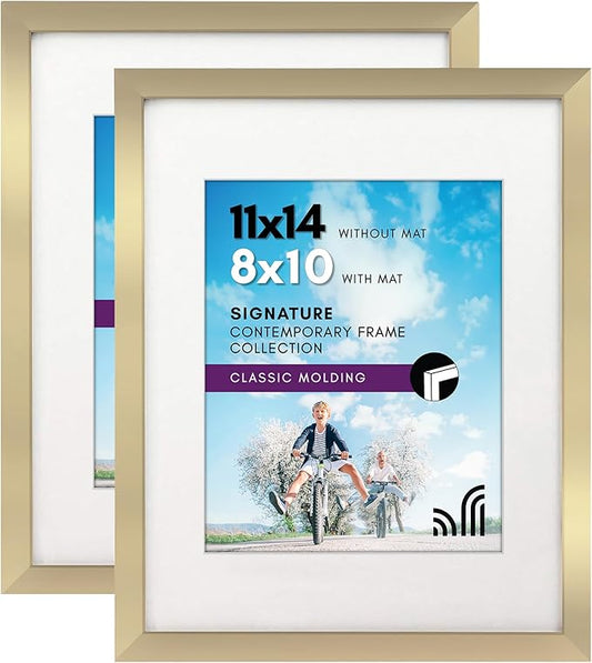 Americanflat 11x14 Picture Frame with Shatter-Resistant Glass - Set of 2 - Use as 8x10 Frame with Mat or Display 11x14 Photo Without Mat - Signature Collection - Picture Frames for Wall - Gold