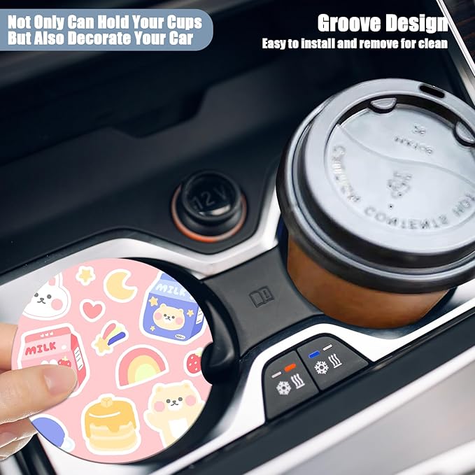 Car Cup Holder Coaster - Milk Strawberry Rabbit Absorbent Ceramic Coaster 2 Pack, Car Coasters for Cup Holders, Fashion Car Interior Accessories Drink Coaster for Women & Men