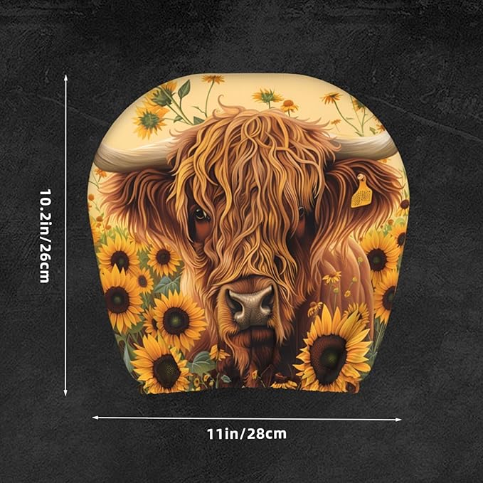 Dujiea 2 Pack Highland Cow Sunflowers Car Headrest Covers, Universal Soft Car Seat Head Rest Cover Protector, Vehicle Accessories Fabric Headrest Cover for Cars Vans Trucks