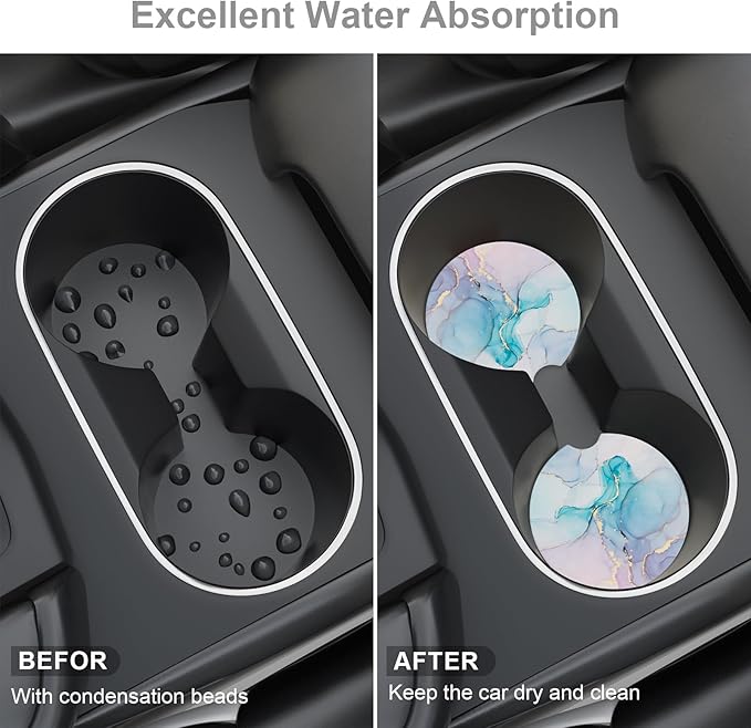 Car Cup Holder Coaster, Car Coasters for Cup Holders, 2 Pack Universal Anti Slip Insert Absorbent Ceramic Auto Interior Accessories with A Finger Notch & Cork Base, Colorful Ink Marble