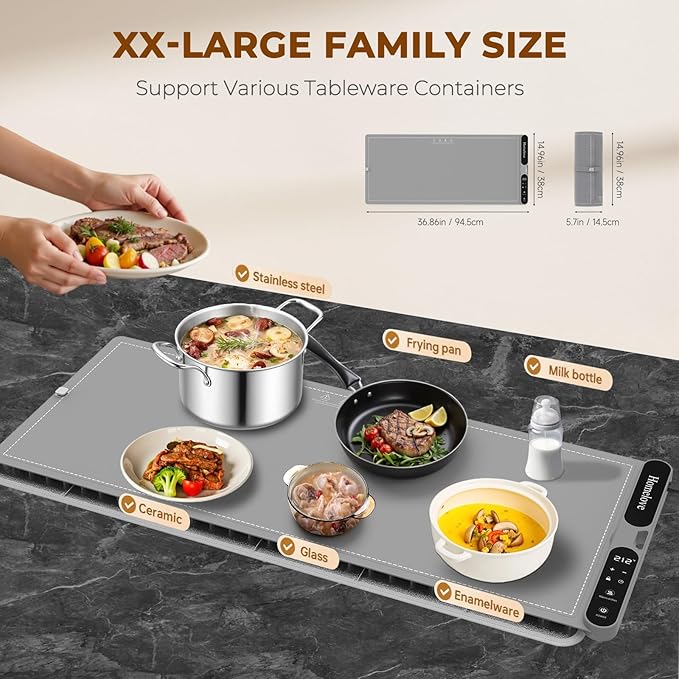 Homelove Food Warming Mat for Parties Buffet - Full Surface Fast Heating Electric Warming Tray with 7 Temp-Settings & 8H Timer, Portable Roll Up Food Warmer with Heat Insulation Pad XXL-Grey