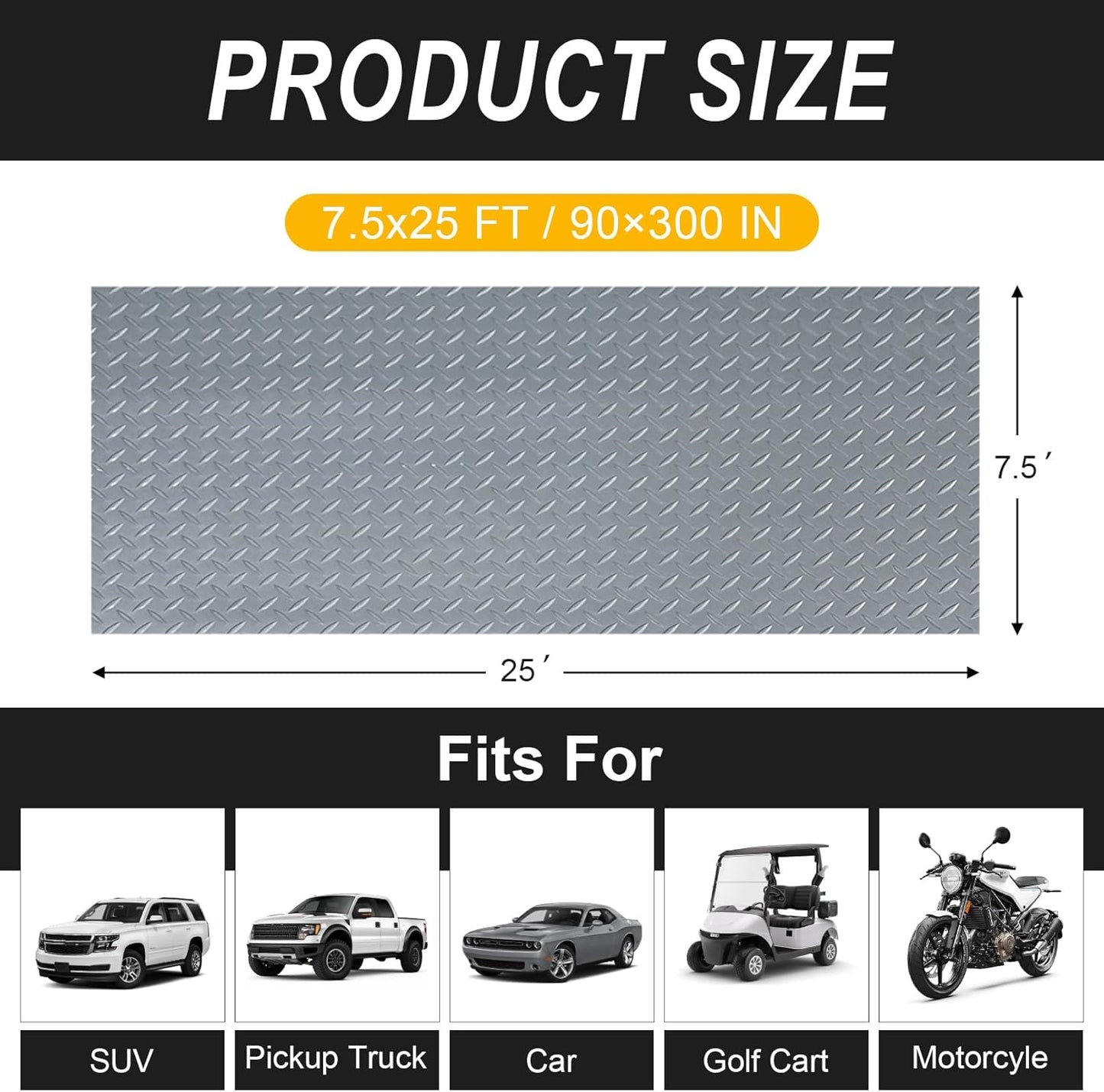 7.5x25 FT Garage Floor Mat, 2.8mm Thickened Flooring Roll for Under Car with 20Pcs Tapes, 188SQFT Diamond Plate Non-Slip Floor Protector Mat for Garage, Warehouse, Gyms, Trailer(Grey)
