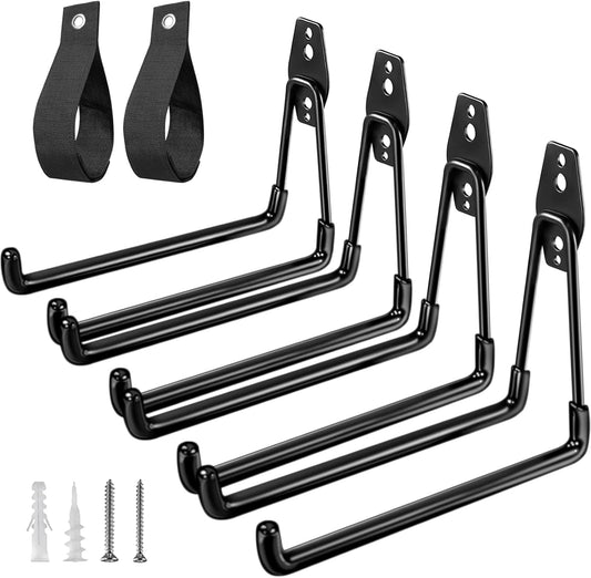 Heavy Duty Garage Hooks 4 Pack, 7.7 inch U Shaped Long Hanger, with 2 Extension Cord Holder Organizer, Wall Mounted Storage System, for Power and Garden Tool Hanging， Ladders, Bikes, Hose