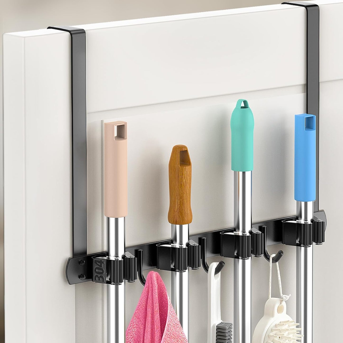 Broom Holder Over The Door - 304 Stainless Steel Mop and Broom Holder Wall Mounted or Hanging Over The Door with Hooks - Broom Hanger, Broom Storage Tool Organizer for Garage Closet Laundry