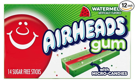 Airheads Candy, Chewing Gum, Watermelon Flavor, Sugar Free, Xylitol, 14 Sticks per Pack, Box of 12 Packs