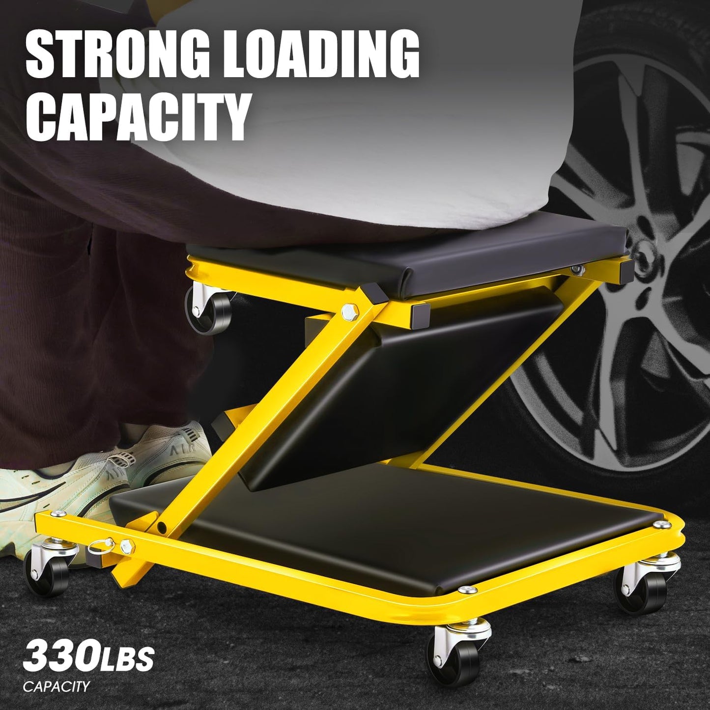 DNA MOTORING 36 Inches 2 IN 1 Rolling Folding Car Creeper/Seat, 6 Pcs 2" Casters, 150kg Weight Capacity, Yellow, TOOLS-00185-YL