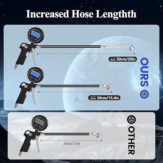 Digital Tire Pressure Gauge with Inflator, 250 PSI Heavy Duty Air Chuck Air Compressor Attachments, Improved Leaks Protection & Extended Hose Tire Gauge, 0.1 Display Resolution (Standard)