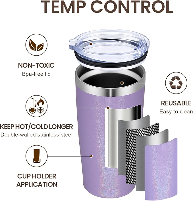 MEWAY 20oz Tumbler 8 Pack Double Wall Vacuum Insulated Travel Glitter Mug Bulk, Stainless Steel Tumblers with Lid and Straw, Powder Coated Coffee Cups for Woman(Rainbow Purple,Set of 8)