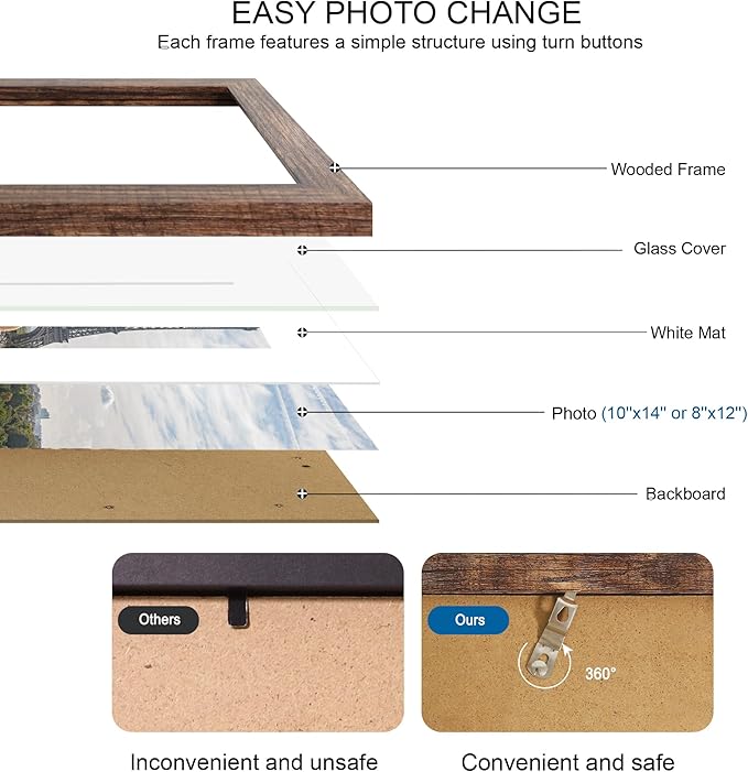10x14 Picture Frame Set of 4, Made of Glass and Rustic Brown Wooden Frame, Display 8x12 Pictures with Mat or 30 x 40cm Diamond Painting Art without Mat for Wall Mounting, Gallery Photo Frames