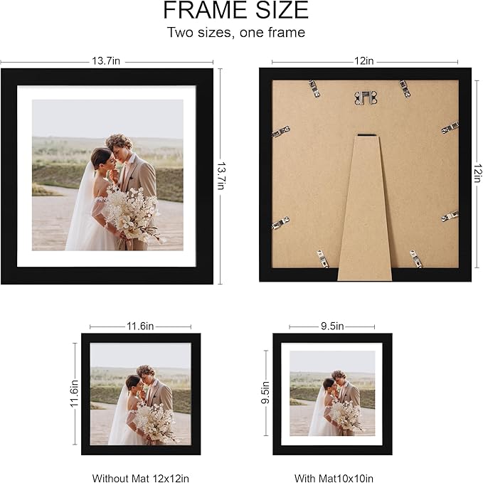 12x12 Picture Frame Set of 4 - Made of Glass and Black Wooden Frame, Display Square Pictures 10x10 with Mat or 12 x 12 without Mat, Desktop & Wall Collage Photo Frame