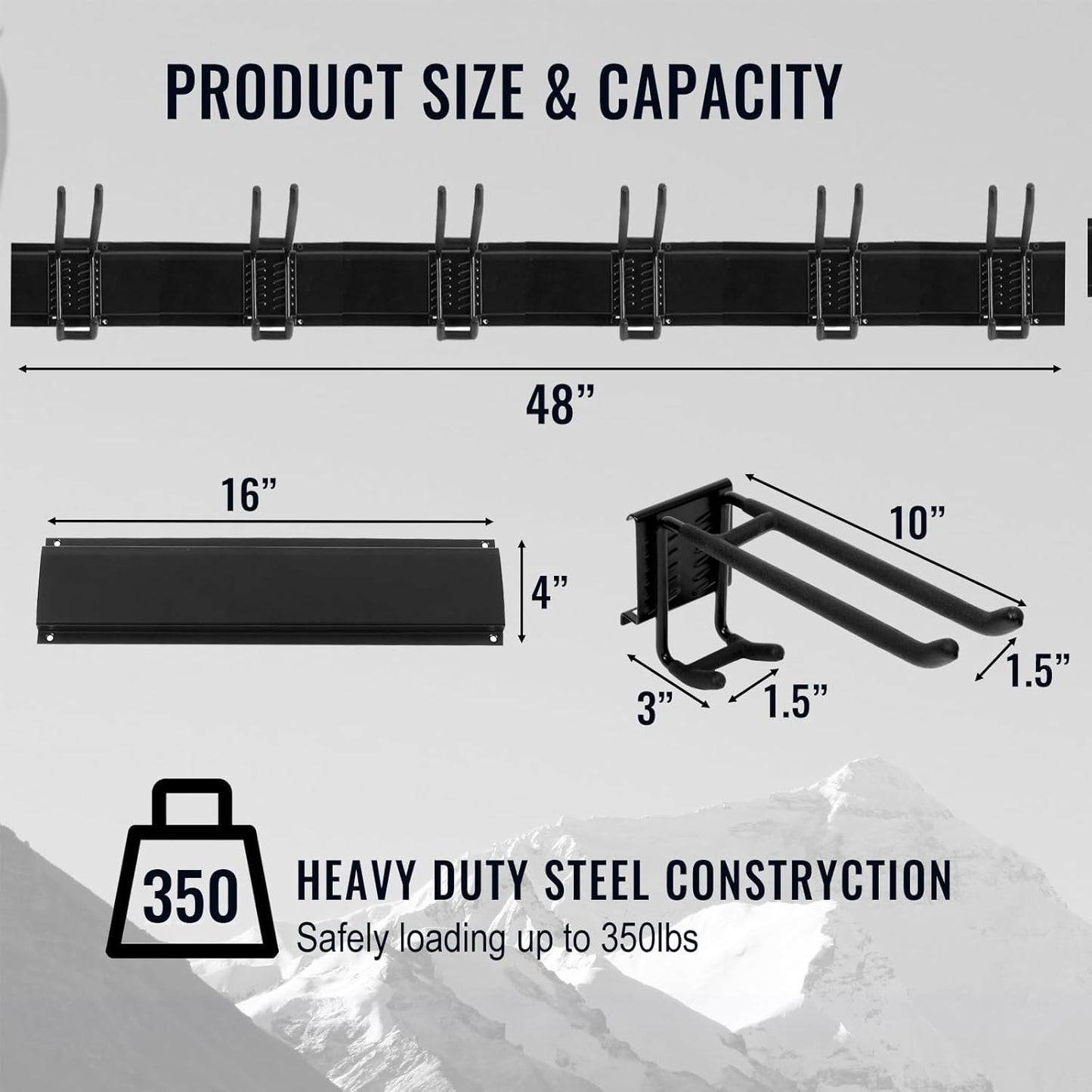 Wall Mount Tool Storage Rack, Heavy Duty Garage Storage Tool Organizer, Garden Tool Wall Hooks and Hangers, Hold Up to 350lbs Black