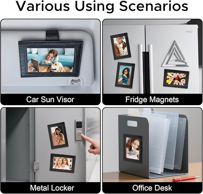 KINIVA 2 Pack Car Picture Holder - Magnetic Faux Leather Picture Frame for Safe Driving - Gift for Dad Mom Husband Wife Car Visor Accessories, Car Accessory (Fits 2.5"x3.5" Photos) (Black)