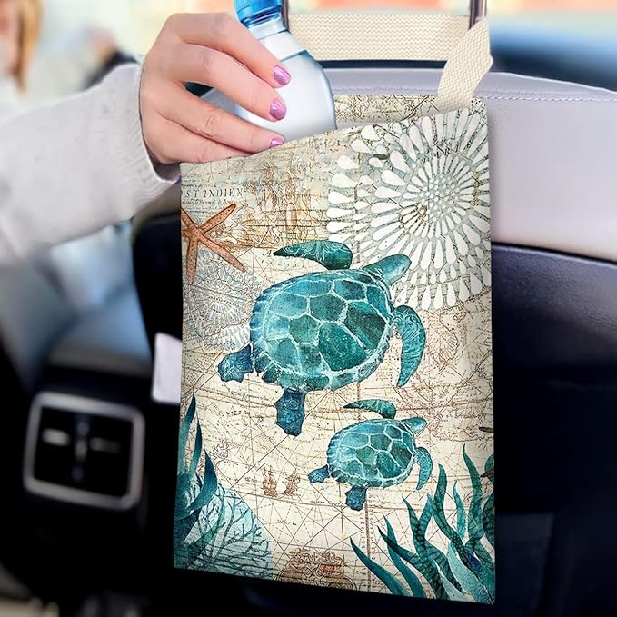 Car Trash Bag Hanging No Snap Small Garbage Bag for Car Back Seat Cute Printed One-handed Strap Trash Bags Car Accessories-Sea Turtle Car Trash Bags