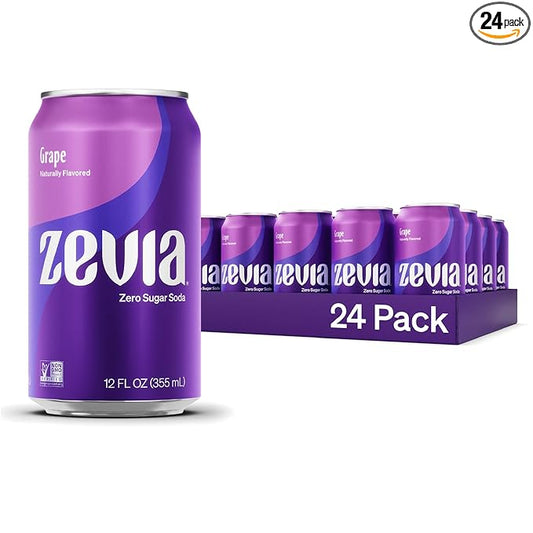 Zevia Zero Sugar Soda, Grape, 12 oz Cans (24-Pack) – Naturally Sweetened, Zero Calorie Sugar Free Soda - Non-GMO Project Verified, Gluten-Free, Vegan