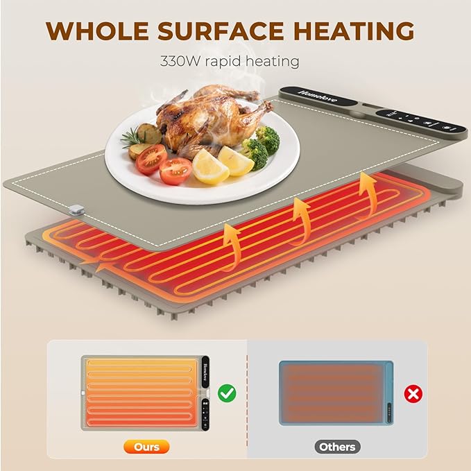 Homelove Food Warming Mat for Parties Buffet - Full Surface Fast Heating Electric Warming Tray with 7 Temp-Settings & 8H Timer, Portable Roll Up Food Warmer with Heat Insulation Pad XL-Khaki