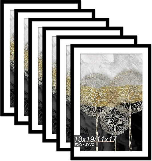13x19 Picture Frame Set of 6, Display Poster 11x17 with Mat or 13 x 19 Without Mat, Light Weight and High Transparent 13 by 19 Frame for Wall - 6 Pack/Black/13 x19