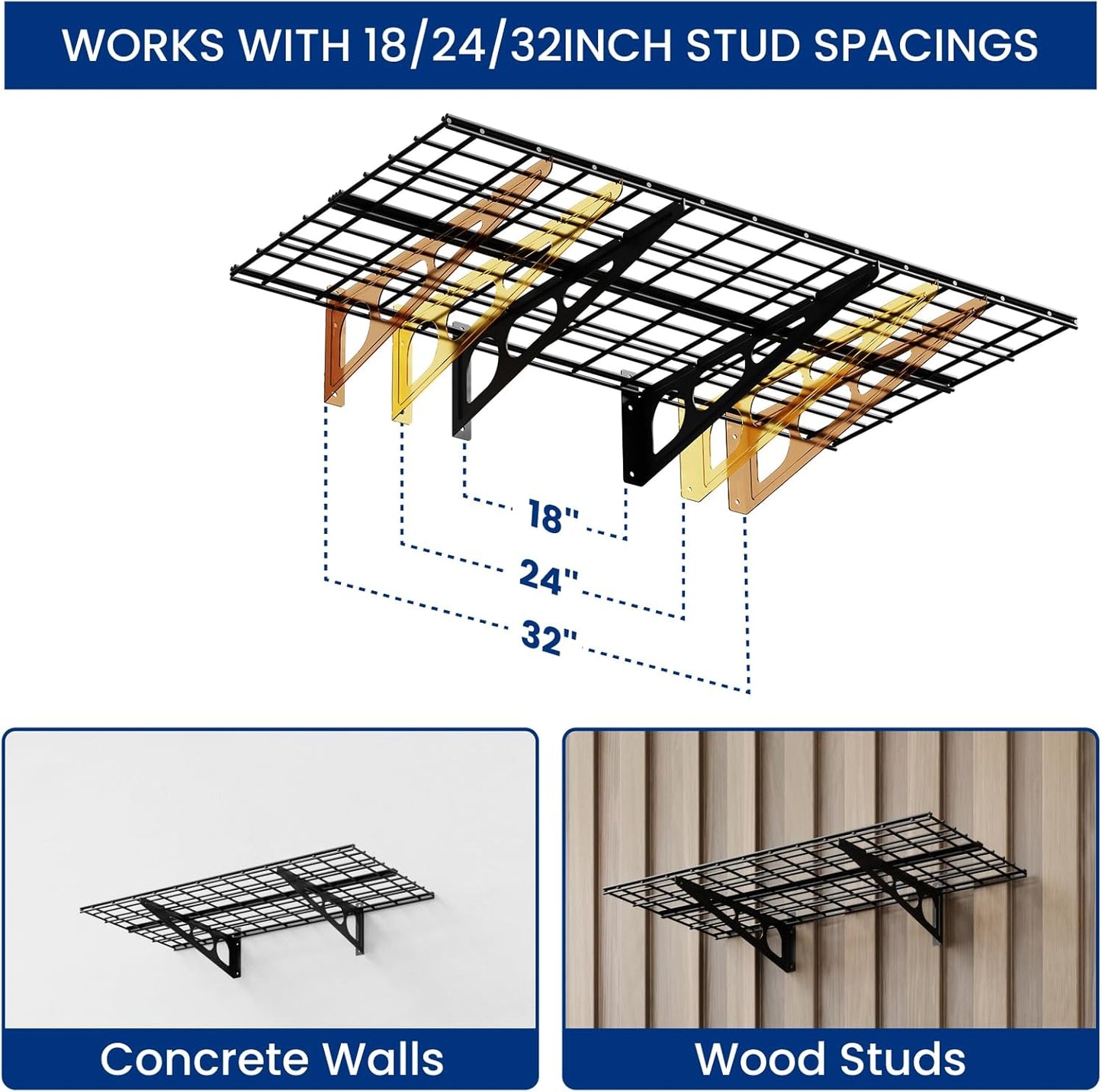 FLEXIMOUNTS 2-Pack 2x4ft Garage Shelving with Hooks, 24-inch-by-48-inch Wall Shelf Garage Storage Racks Floating Shelves, Black
