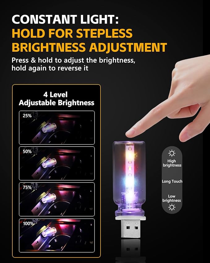 2 PCS USB Light for Car, Touch Control Mood Light with 7 Color Modes, Nightstand, Dimmable LED Light Strip for Car, Camping, Party – Portable, Low Power (Clear Lens)
