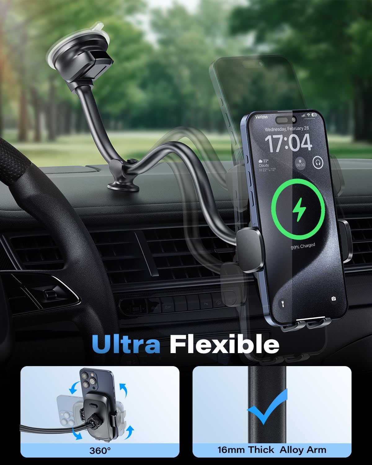 1Zero Solid Car Truck Phone Mount Wireless Charger Holder with 14-Inch Gooseneck Long Arm for iPhone 15 Pro Max Plus 14 13 12 11 XS X Samsung S24 Ultra S23 S22 S22 S21 S20 Pixel 9 Pro XL 8 7 6 5 4