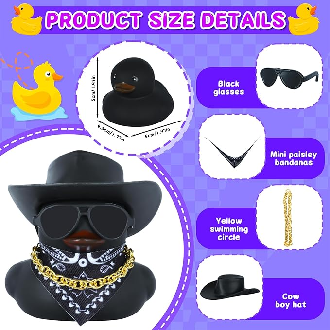 Black Cowboy Hat Rubber Duck for Car Dashboard & Home Decor - Mini Funny Rubber Ducks with Gold Chain, Sunglasses, Scarf & Hat Unique Duck Accessories Gift for Adults