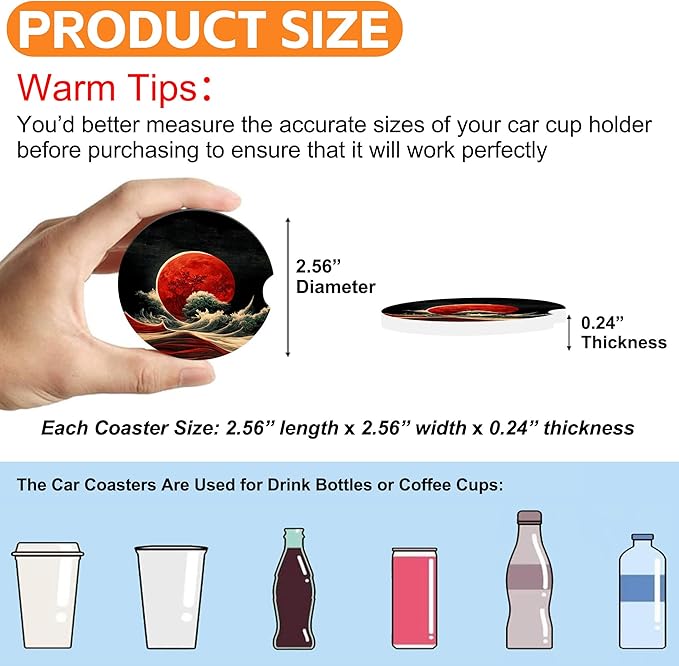Red Moon Above The Sea Car Cup Holder Coaster,Car Coasters for Cup Holder,2 Pack Chinese Style Landscape Anti-Slip Absorbent Ceramic Car Cup Coasters with Finger Notch Cork Base for Women Men 2.56"