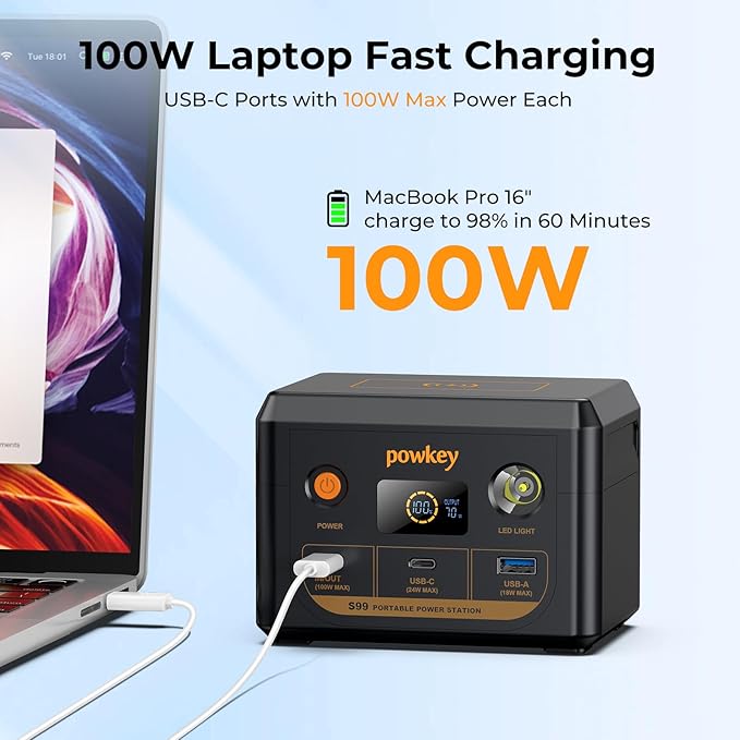 powkey Laptop Power Bank 30000mAh 100W Portable Charger PD 3.0 Fast Charging 96Wh LiFePO4 Power Station with USB-C Cable,Battery Backup for Laptop Phone Travel Camping Office Emergency Home