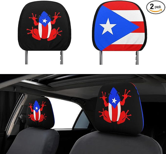 Puerto Rico Car Headrest Covers 2 Pack – Double-Sided Taíno Frog & Puerto Rican Flag Design – Universal Fit Stretch Seat Headrest Protector for Cars, SUVs & Trucks