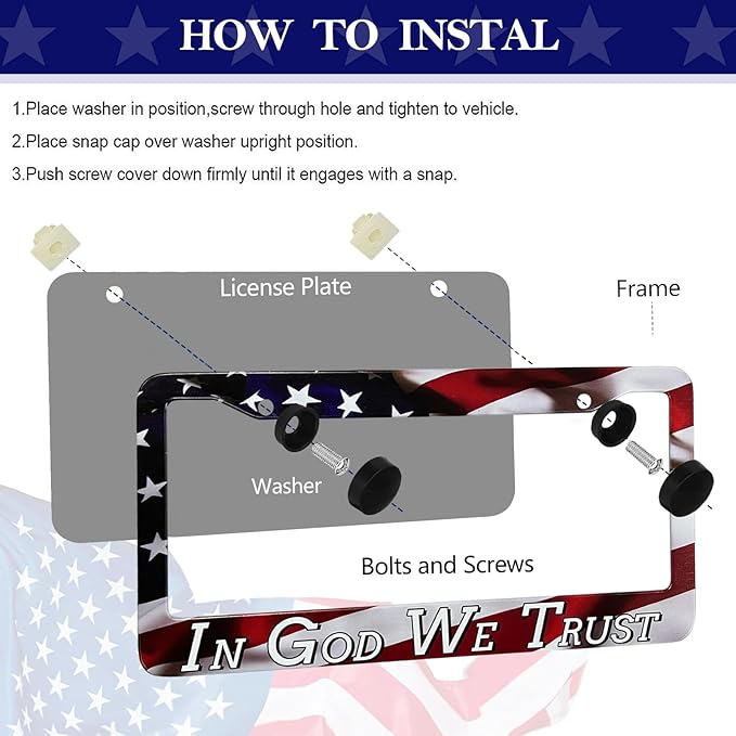 LIN KANG in God We Trust Christian License Plate Frames - 2 Pack American Flag Design Car Plate Holder Cover Universal Accessories License Plate Aluminum Car Tag Frames for Women Men US Vehicles