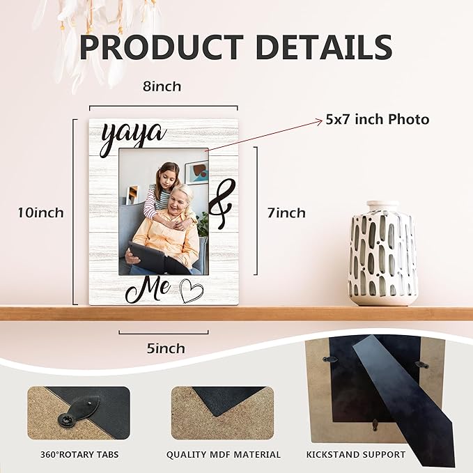 Yaya Gifts Picture Frame 5x7, Grandma Photo Frame, Christmas Mothers Day Birthday Gifts for Yayas from Grandkids Grandchildren, Yaya and Me Wooden Picture Photo Frames for Desk Home Room Decor