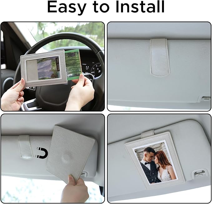 KINIVA 2 Pack Car Picture Holder - Magnetic Faux Leather Picture Frame for Safe Driving - Gift for Dad Mom Husband Wife Car Visor Accessories, Car Accessory (Fits 2.5"x3.5" Photos) (Grey)