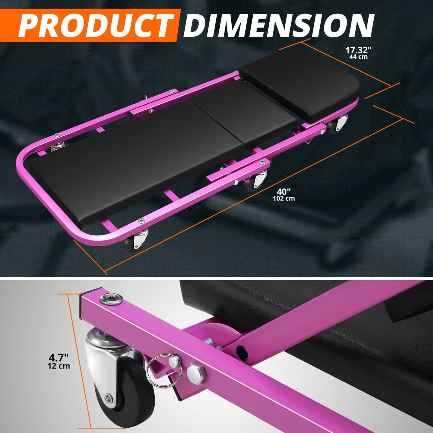 DNA MOTORING 40 Inches Folding 2 in 1 Rolling Z Creeper, Adjustable Roller Garage Chair Lay Down or Sit, 6 Pcs 2" Casters, 150kg Weight Capacity, Purple, TOOLS-00187-PR