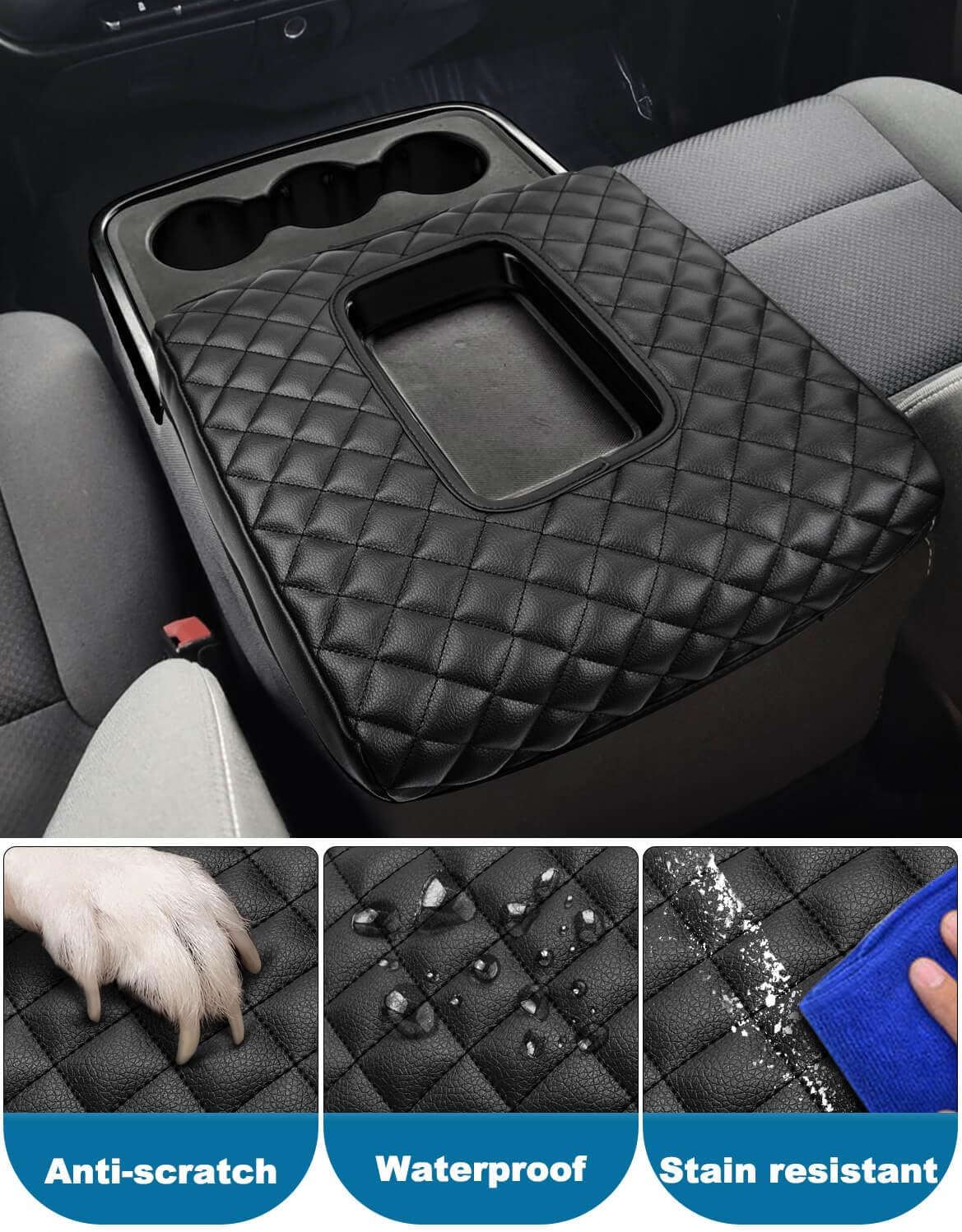 Center Console Cover for 2014-2018 Chevy Silverado & GMC Sierra 1500 2500 3500, Vinyl Leather Interior Accessories, Car Armrest Protector, Jump Seat, Anti-Scratch, Black