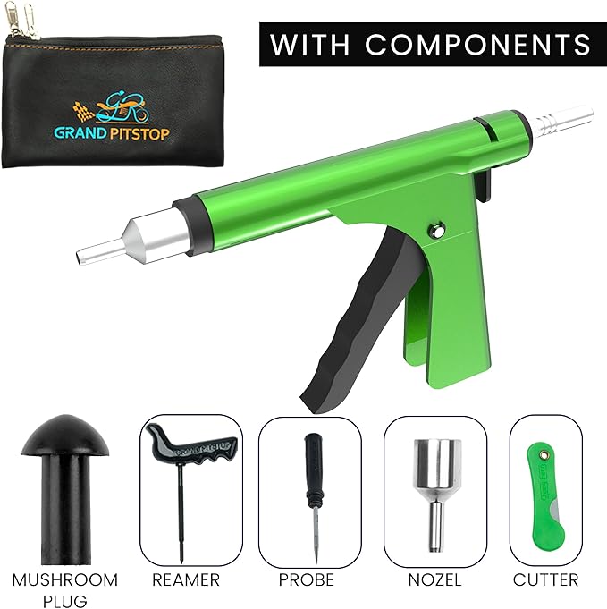 GRAND PITSTOP Tubeless Tire Gun Puncture Repair Kit with Mushroom Plug for Tyre Punctures and Flats on Cars, Motorcycles, ATV, Trucks & Tractors (Gun Puncture Kit 30 Plugs)
