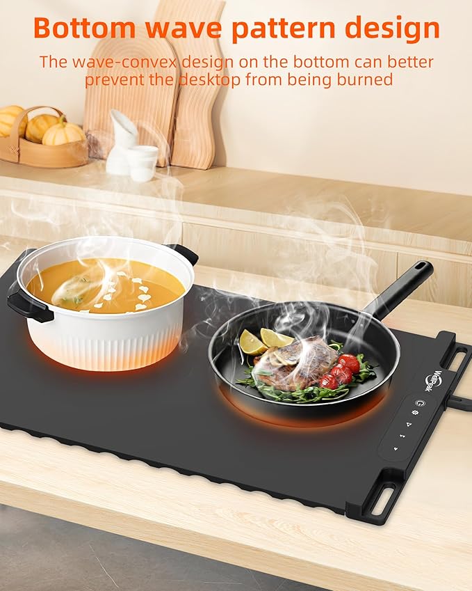 Electric Warming Mat for Food - Full Surface Fast Heating Silicone Tray with 3-Level Temperature, Auto-Off, Raised Feet for Table Protection, Versatile Warmer for Gatherings, Parties, Buffets, Black