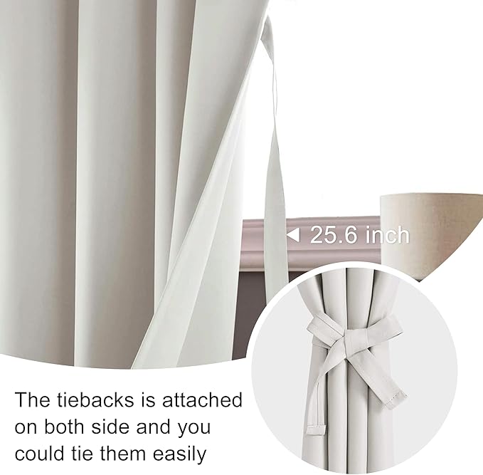 JIUZHEN Blackout Curtains for Bedroom – Thermal Insulated,Noise Reducing Room Darkening Privacy Rod Pocket Drapes for Living Room, Set of 2 Panels with Tiebacks, 42 x 54 inch Long, Ivory