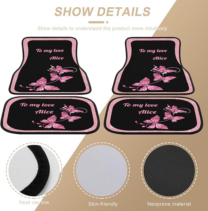 Pink Butterfly Car Floor Mats Car Mats for Women 4 Pieces Custom Universal Car Floor Mats Personalized Car Mats Text Auto Interior All Weather Protection for Car SUV Truck Van Gift