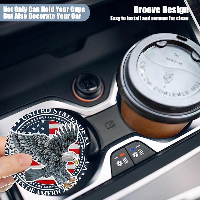 Car Cup Holder Coaster - Vintage USA Flag Eagle Absorbent Ceramic Coaster 2 Pack, Car Coasters for Cup Holders, Fashion Car Interior Accessories Drink Coaster for Women & Men