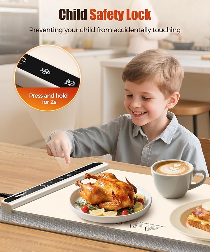 Food Warming Mat with Heat-Resistant Pad, 26X15 Inch, 6 Temperature & 6 Timer Settings, Child Lock Safety, Electric Warming Tray for Gatherings,Parties,Everyday Use