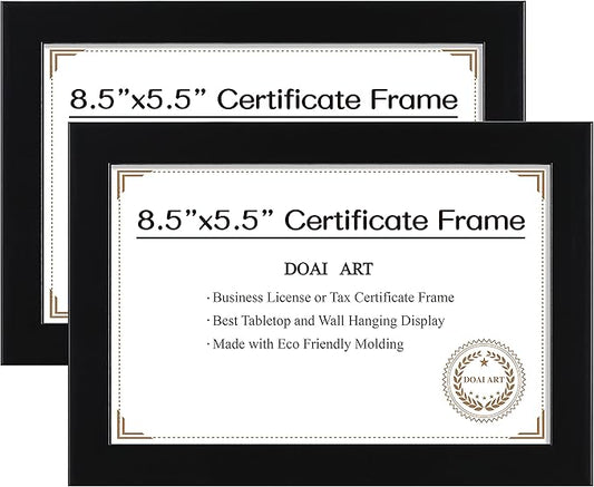 DOAI ART 8.5 x 5.5 Business License Frame Set of 2 Black, Professionals 5.5 x 8.5 Certificate Frames Fit Diploma, Document and Tax Certificate Self Standing with Wall Hangers