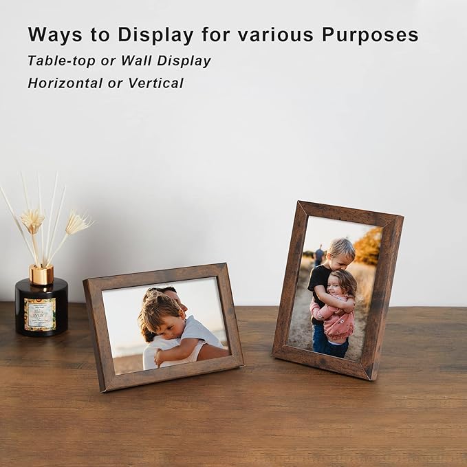 KINLINK 4x6 Picture Frame Rustic Brown Set of 4, Wooden Photo Frames with Plexiglass for 4x6 without Mat for Table and Wall Display