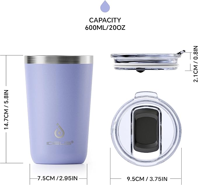 Ideus 20 oz Tumbler, Travel Coffee Mug with Splash Proof Sliding Lid, Double Wall Stainless Steel Vacuum Insulated Coffee Mug for Home and Office, Keep Beverages Hot or Cold, Lavender Purple