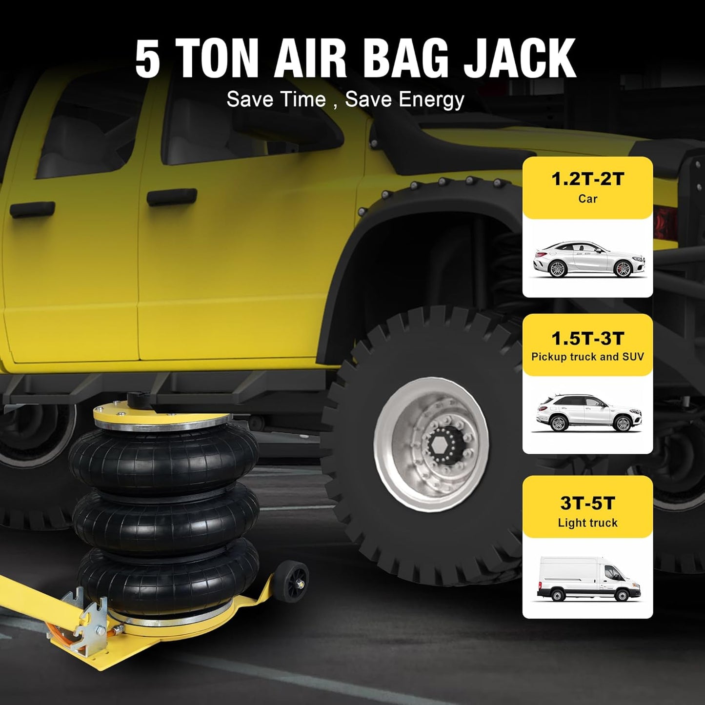 YELLOW JACKET Air Jack 5 Ton Airbag Jack with Adjustable Long Handle and Six Steel Pipes, Lift up to 18.5 inch/470 mm, 3-5 s Fast Lifting Pneumatic Jack for Cars, Garages, Repair