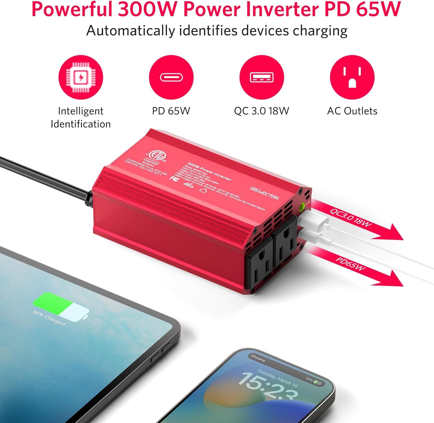 300W Car Power Inverter, USB-C PD65W QC 18W Converter Car Charger, DC 12V to 110V for Vehicles, Power Adapter for Car Charging