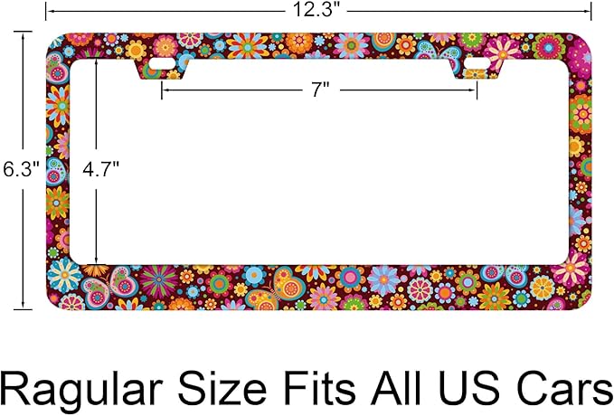 Colorful Flowers License Plate Frames - Butterflies Background, Rust-Proof Stainless Steel, Screws, and Caps Included - Personalized Cover for Women Men 12.3x6.3 Inch License Plate Holder -DATANSEN