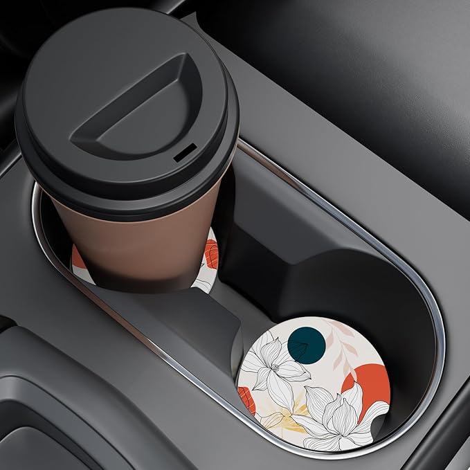 Car Cup Holder Coaster, Car Coasters for Cup Holders, 2 Pack Universal Anti Slip Insert Absorbent Ceramic Auto Interior Accessories with A Finger Notch & Cork Base, Lotus