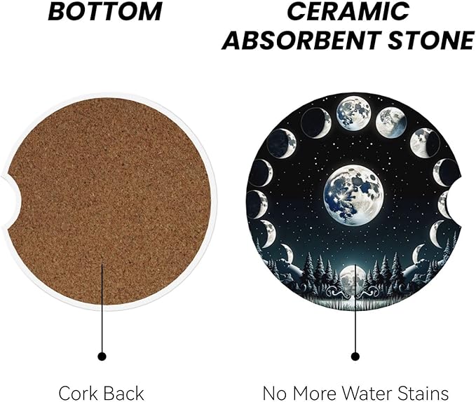 ABLESKY Car Coasters for Cup Holders, 2 Pack Absorbent Anti Slip Car Cup Holder Coasters, 2.56 Inch Ceramic Universal Size Auto Interior Accessories Women Men-Black Moon Forest Phase