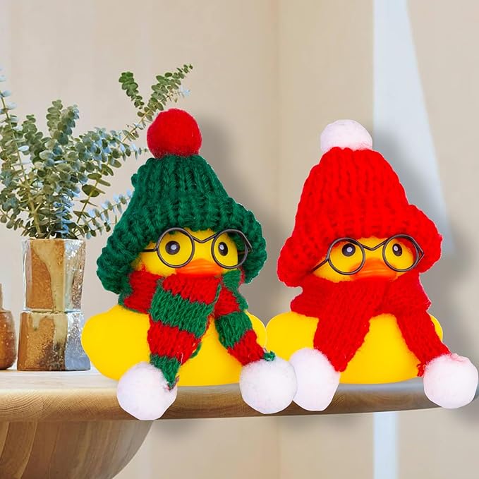 Car Rubber Duck Ornament Winter Duck Car Dashboard Decoration Accessories with Mini Beanie Hat Sunglasses Necklace or Bow(E4)