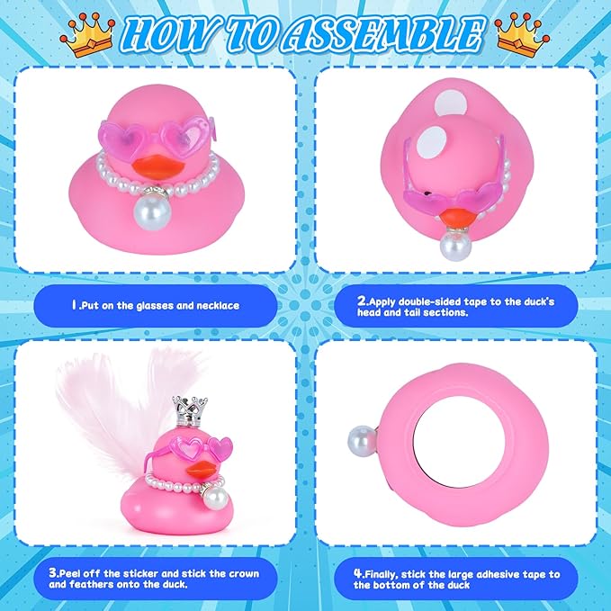 BOZILY Pink Rubber Duck with Crown, Wings, Pearl Necklace & Heart Sunglasses,DIY Cute Car Dashboard Decor Accessories, Gift for Car, Home, Desk (Includes Tapes)